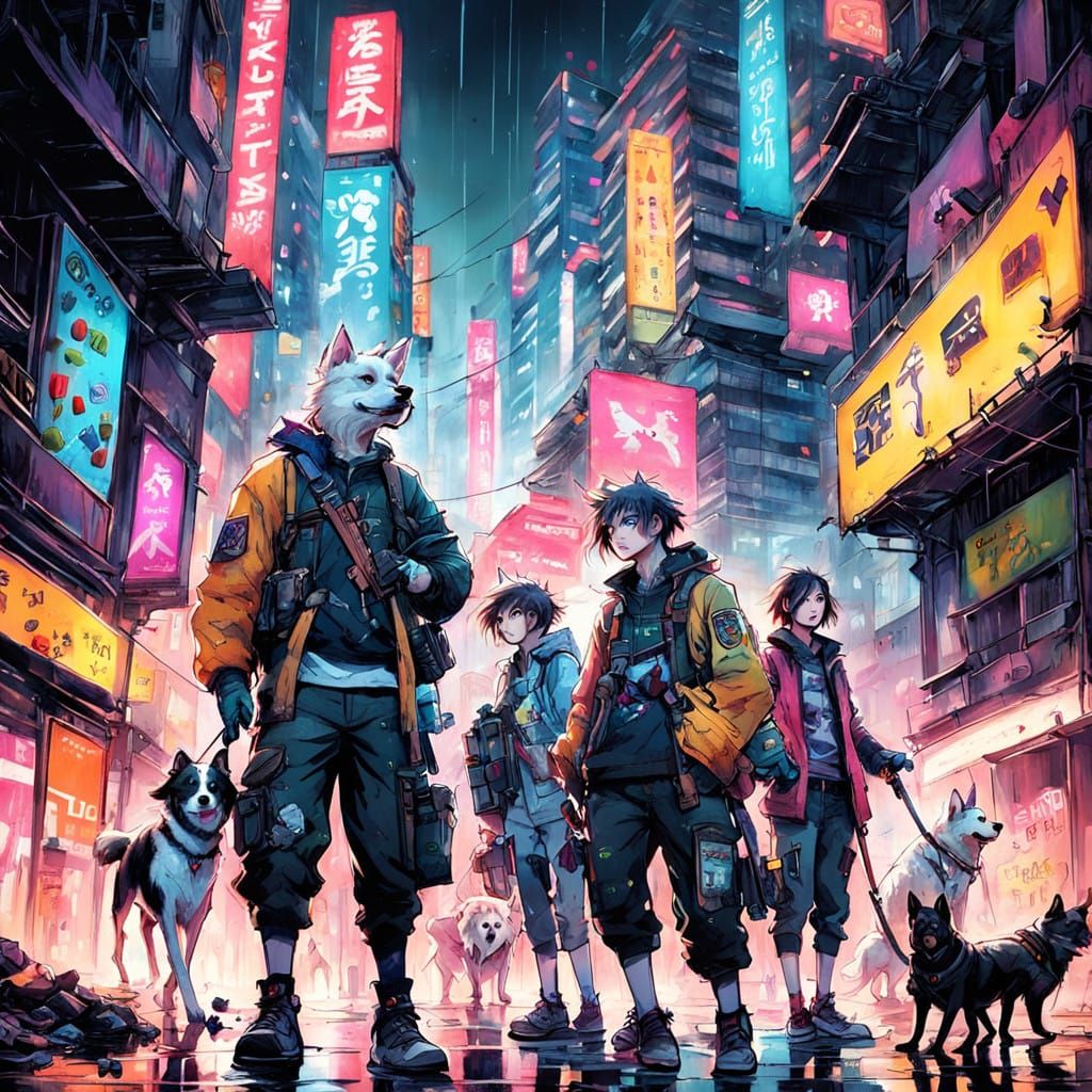 Dystopian Dogs Celebrate with Guns and Cakes in Anime Style