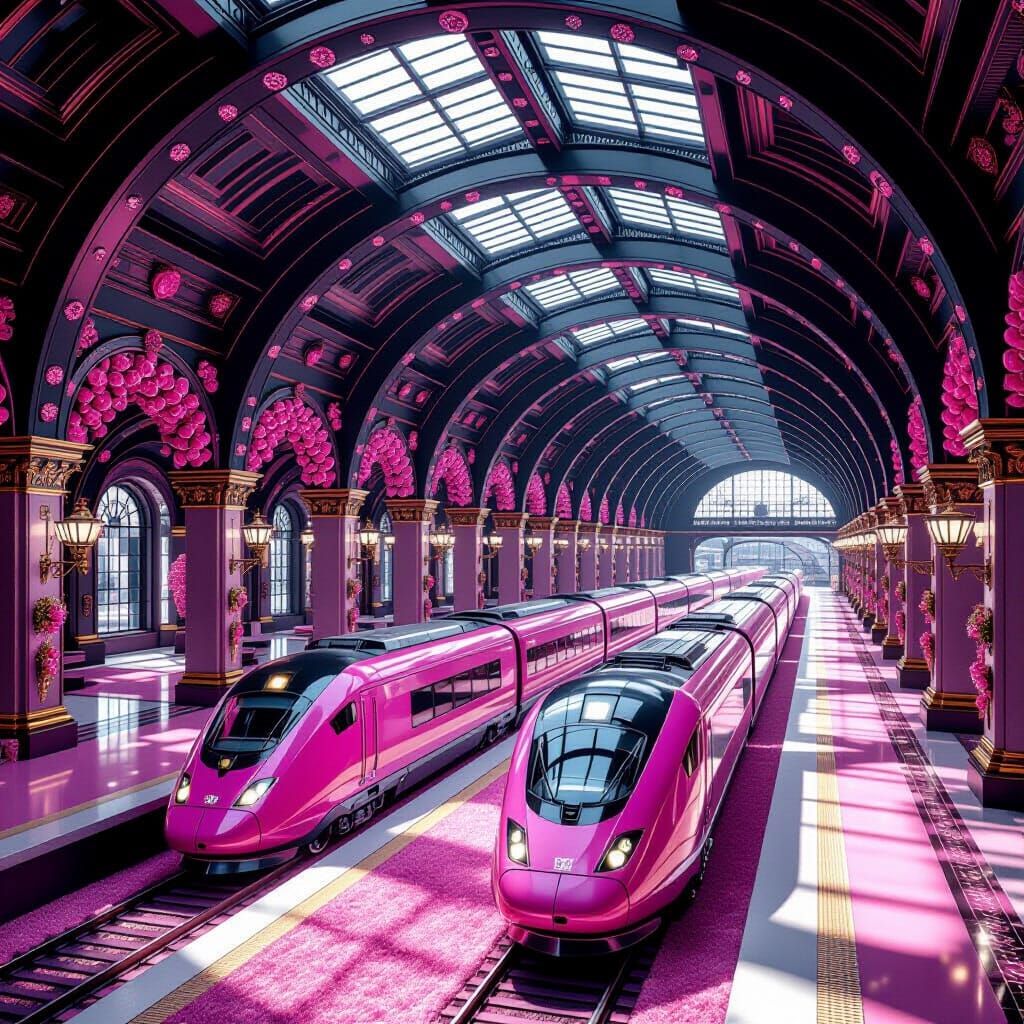 Hyperrealistic Pink Jewel Train Station with Roses