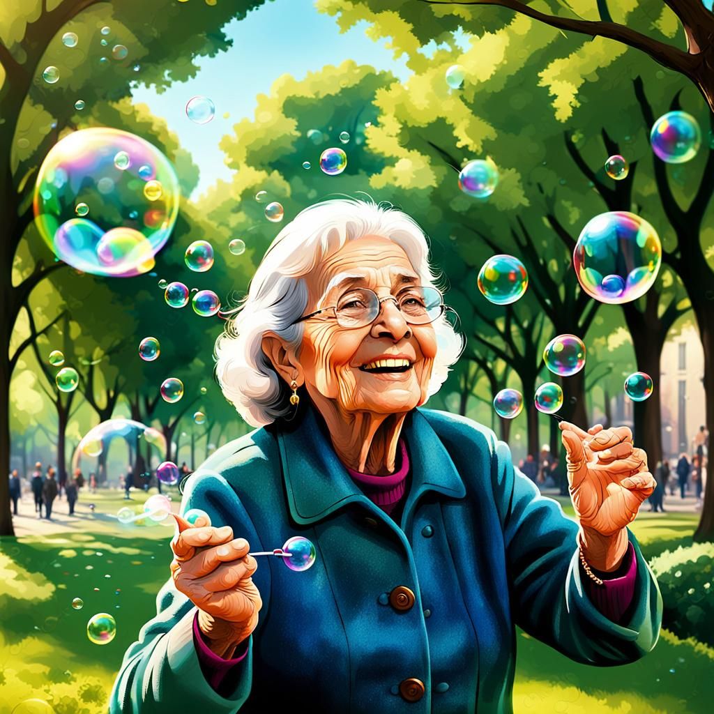Joyful Italian Woman Blowing Bubbles in Manga Style