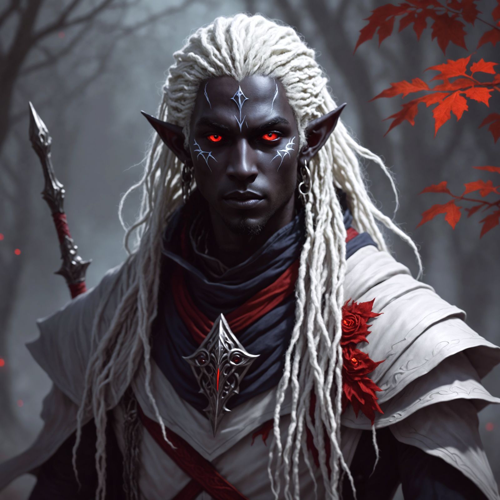 Young Drow Mage with Red Eyes and Dreadlocks