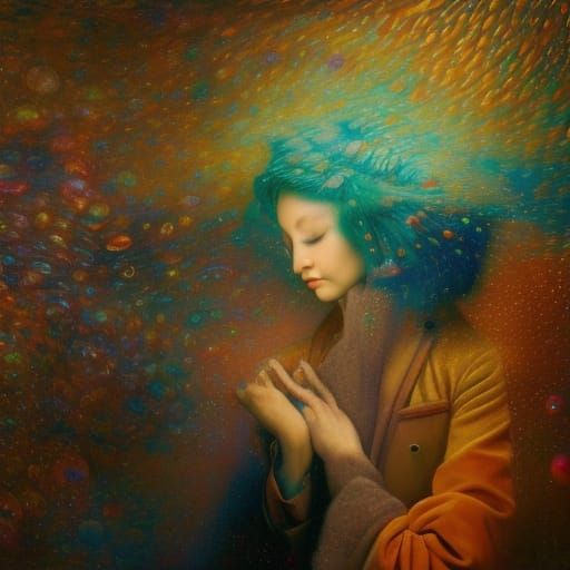 Violinist in Stormy Church with Cosmic Bubbles