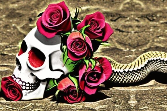 Skeleton Head Devouring Snake Among Roses