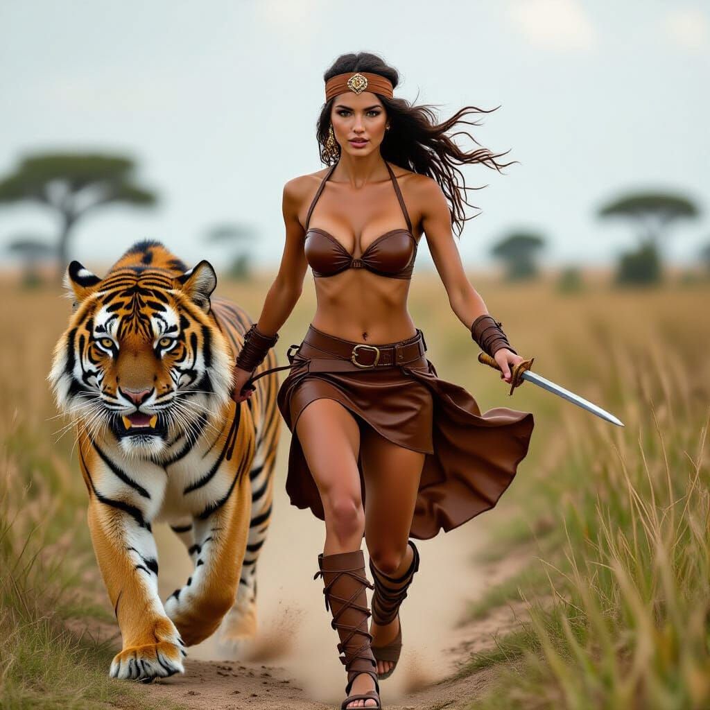 Woman Riding Bengal Tiger in Safari, Natural Lighting