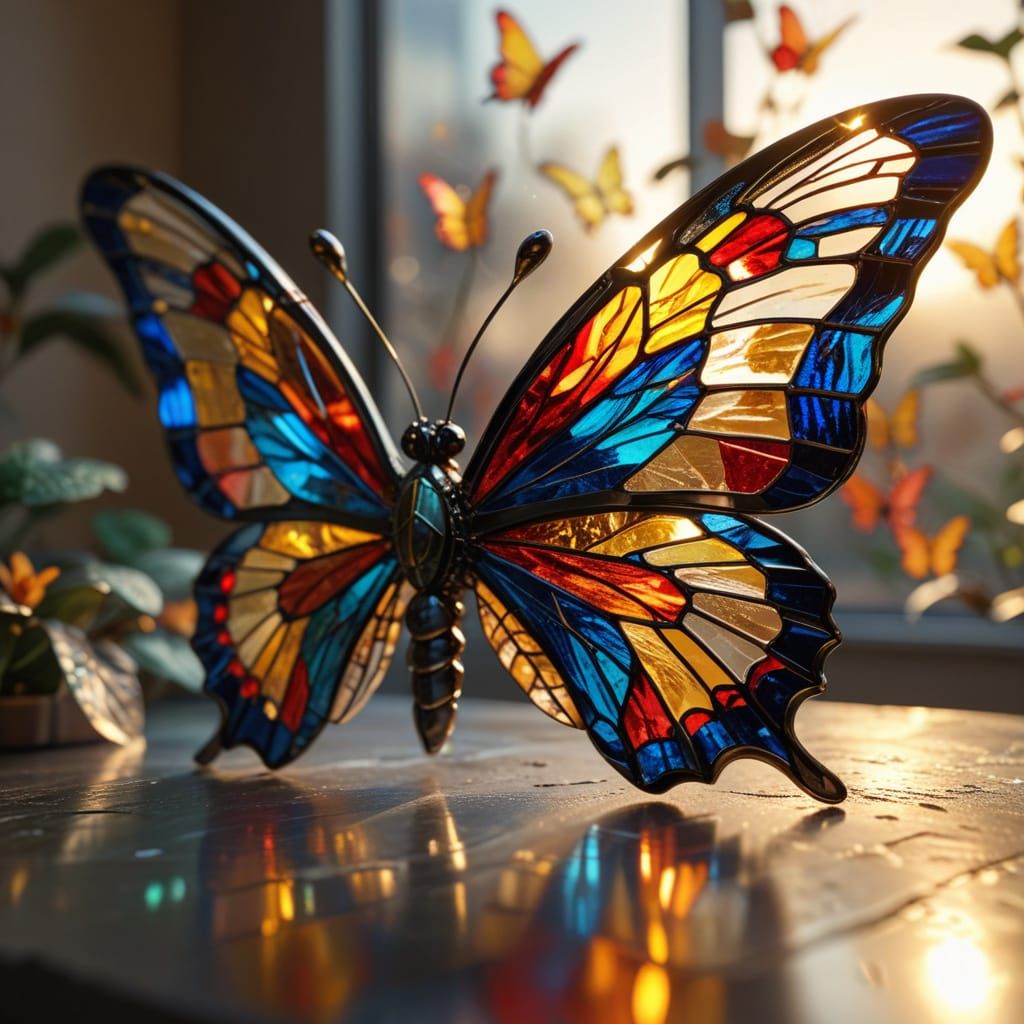 Hyperrealistic Stained Glass Butterfly in Warm Golden Light