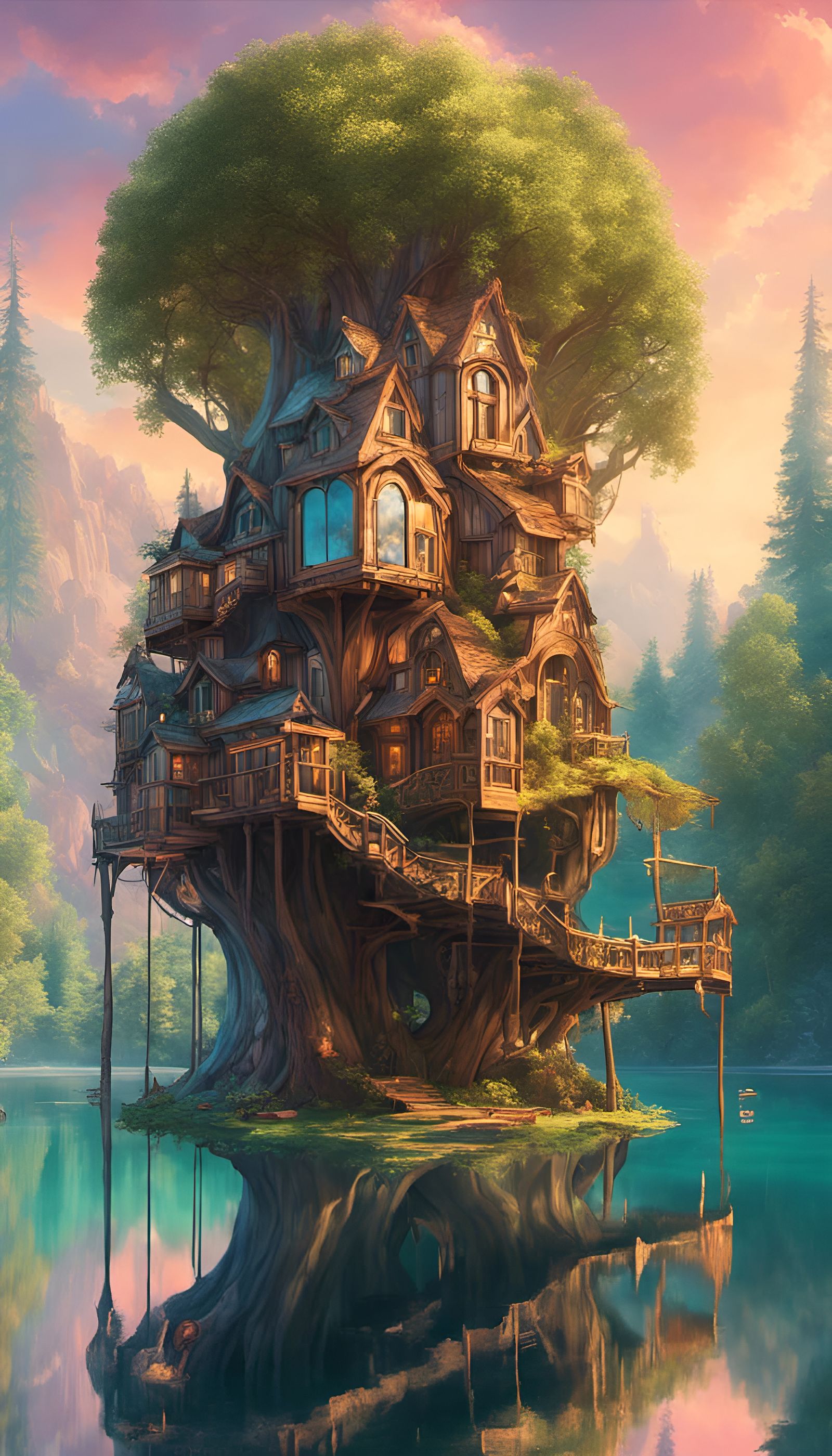 Fairy Treehouse with Crystal Slide in Art Nouveau Style