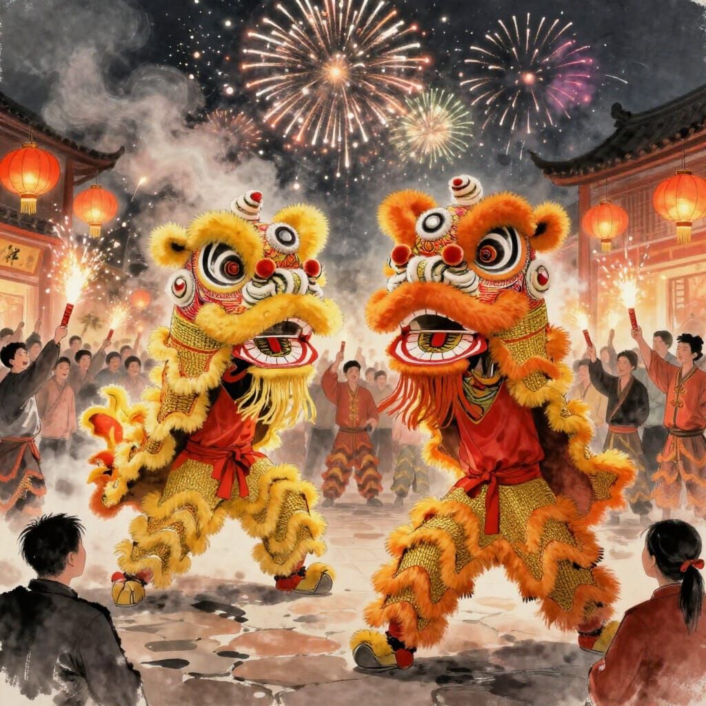 Vibrant Chinese New Year Lion Dance with Fireworks