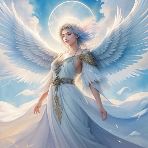 Majestic Angel with Glowing Orb in Watercolor Style