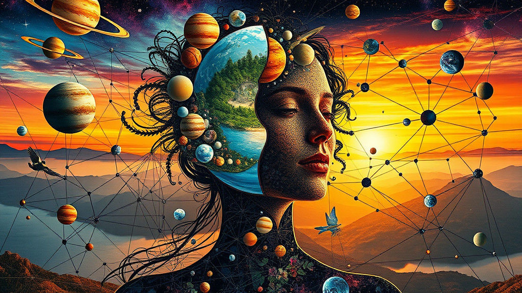 Lady Cosmos Dancing with Planets in Paper Collage Art