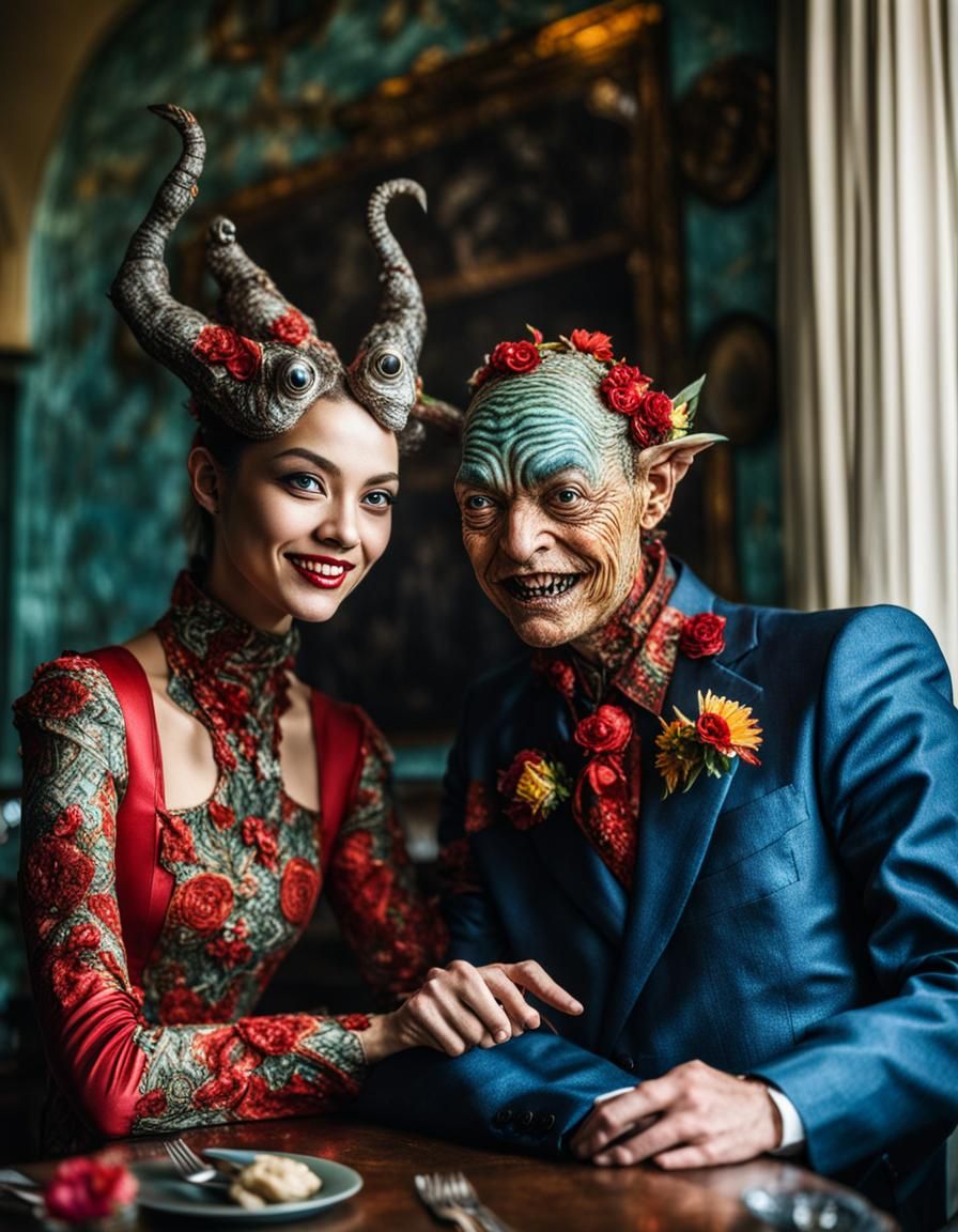 Surreal Restaurant Scene with Exotic Aliens in Masterpiece P...