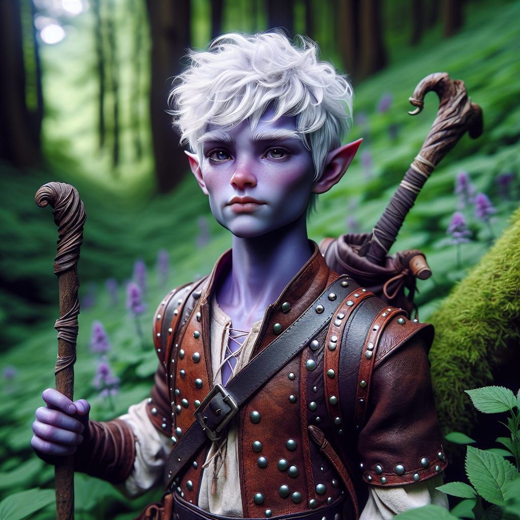 Lavender Gnome Adventurer in Lush Forest