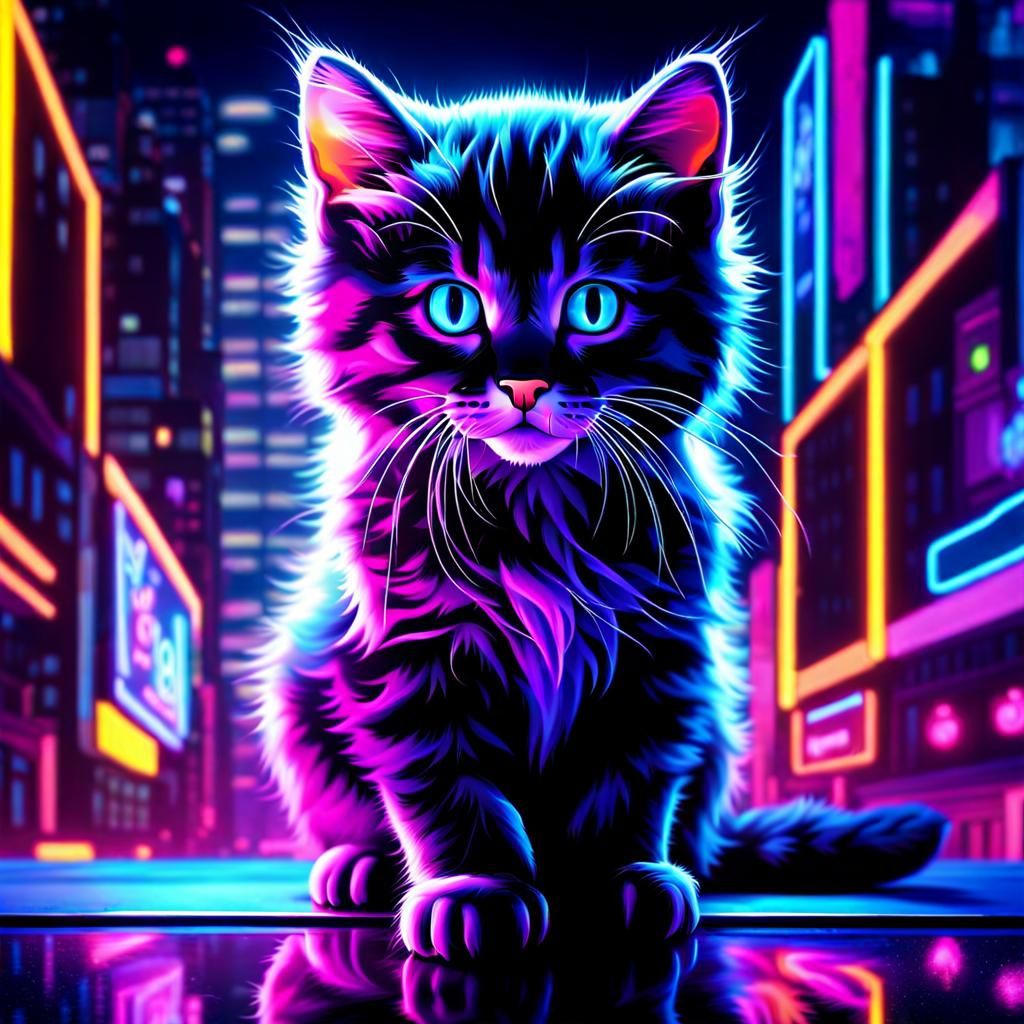 Neon Cat in Cityscape: Black Light Art