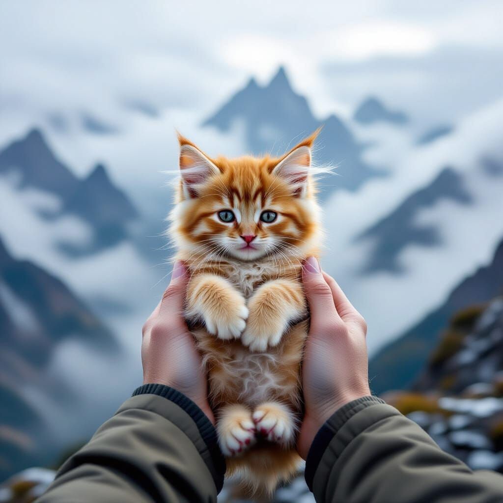 Fluffy Kitten Held on Misty Mountain Peak