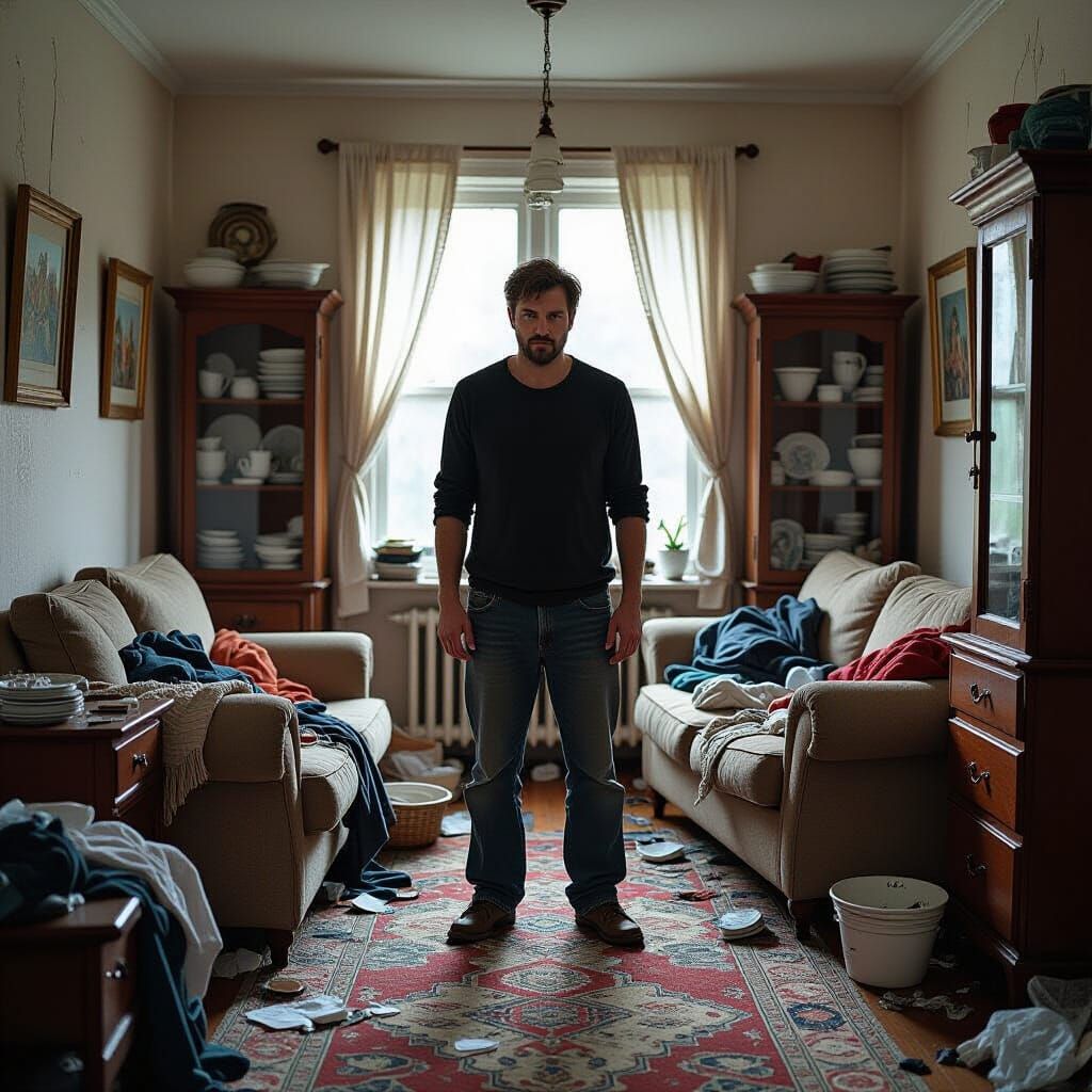 Chaotic Living Room Scene in Gritty Realism Style