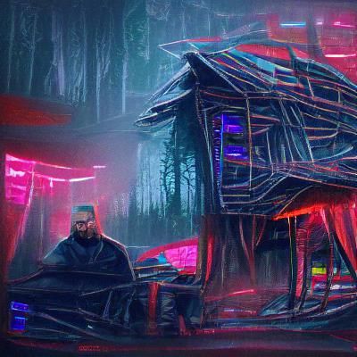 Cyberpunk Loghouse Amidst Neon Forest