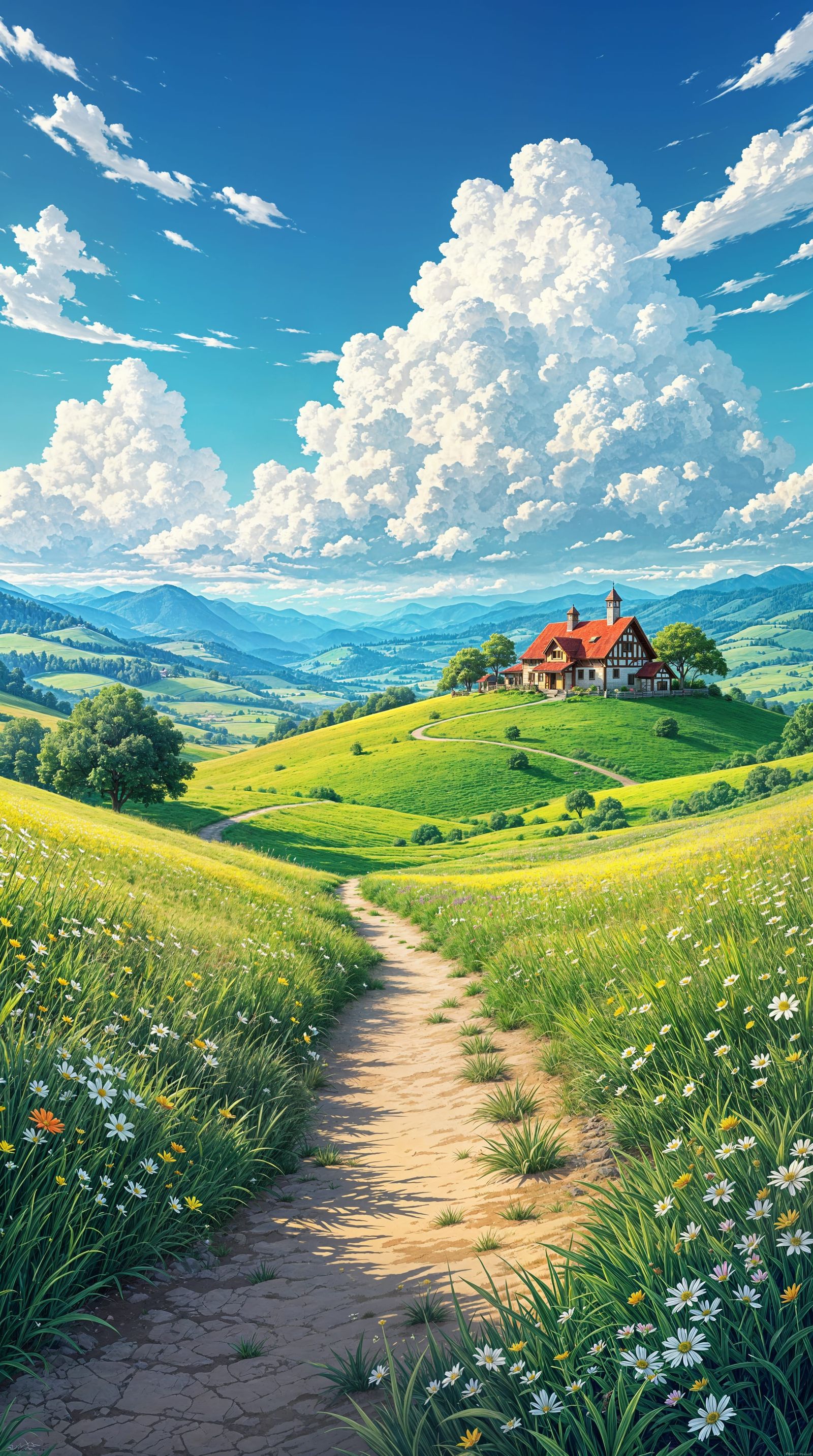 Ghibli Landscape with Farmhouse and Cumulus Clouds