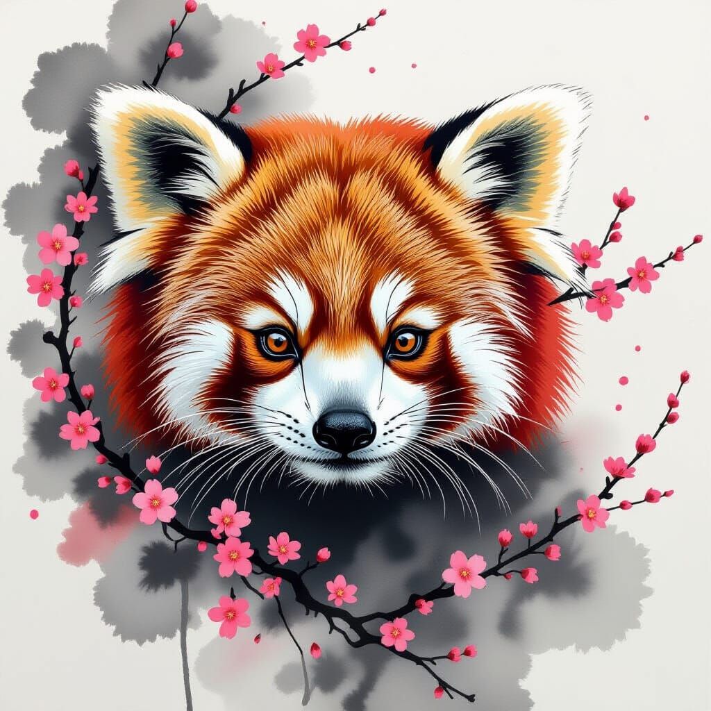 Red Panda Portrait with Ink Brushstrokes and Sakura Blossoms