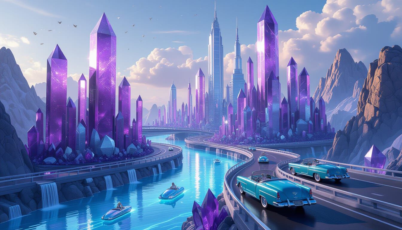 Futuristic Crystal City with Liquid Light Rivers