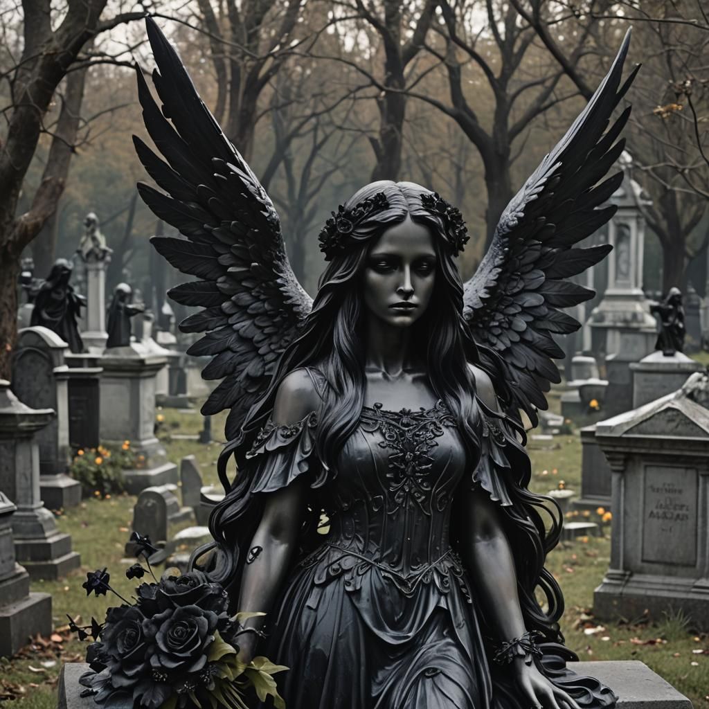 Gothic Fallen Angel in Cemetery with Statue