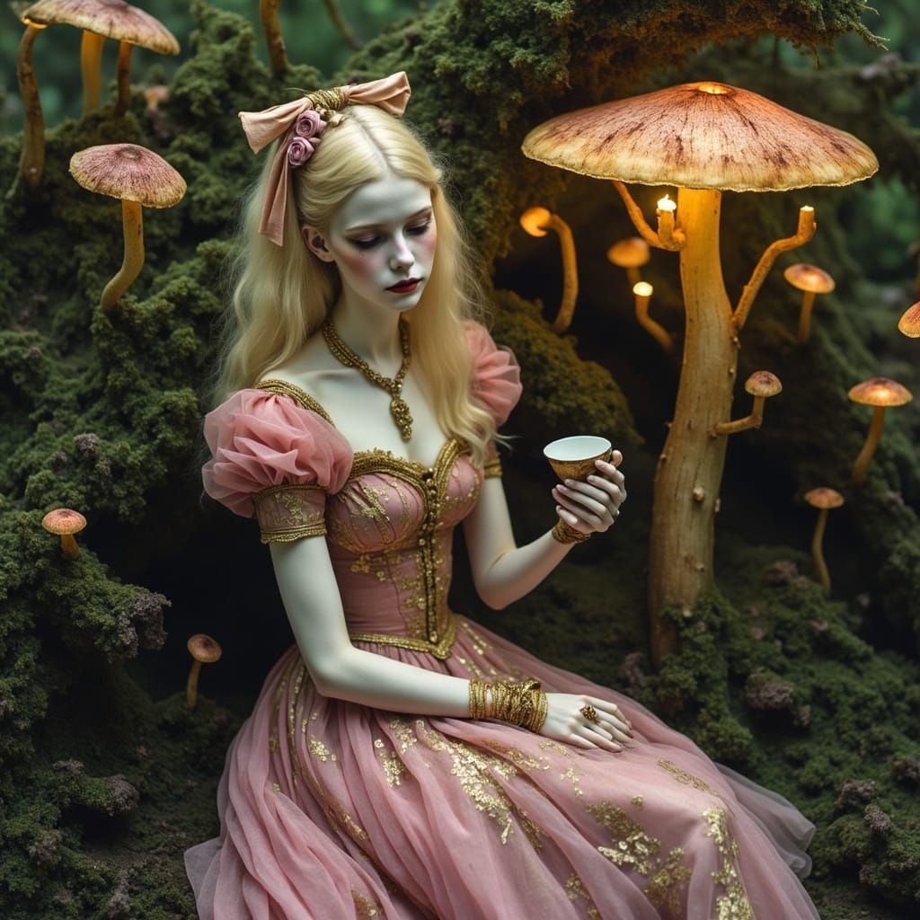 Alice in a Victorian Gown in a Bioluminescent Garden