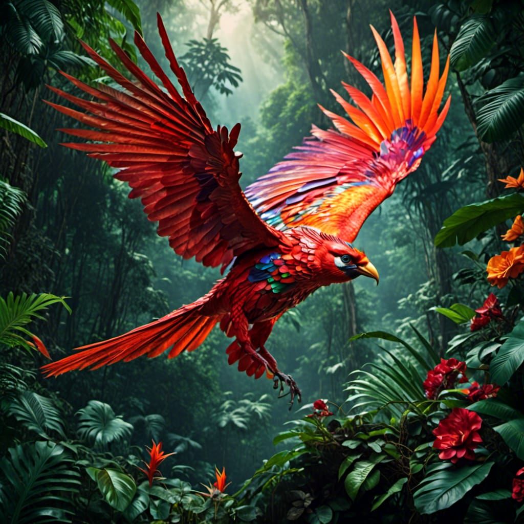 Iridescent Bird Flight Over Lush Jungle, Digital Painting