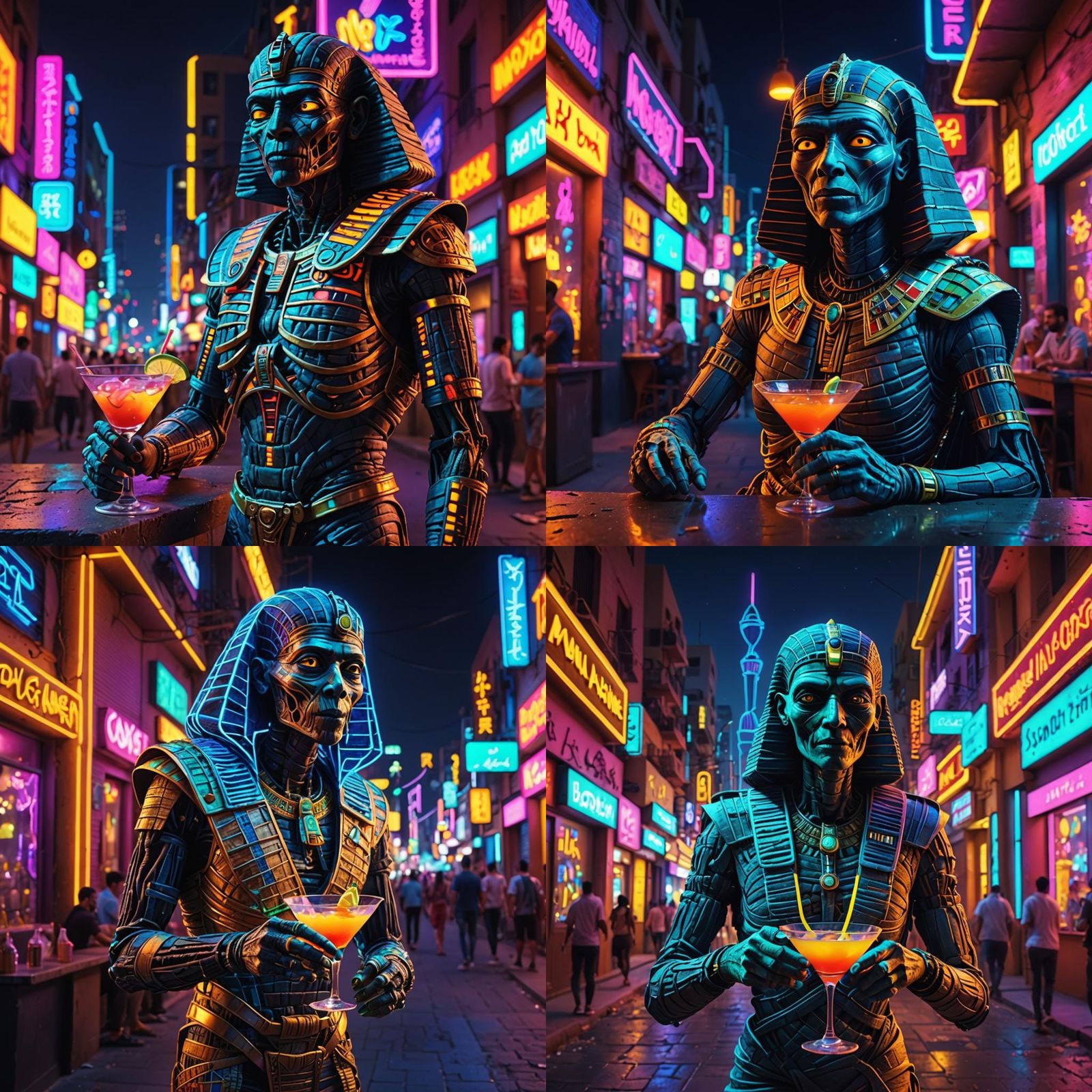Egyptian Mummy Drinks Martini in Neon City