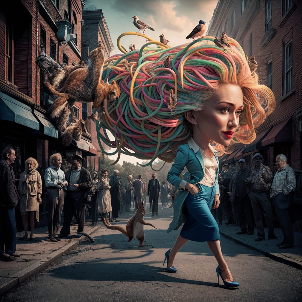 Hyperrealistic Splash Art: Woman with Enormous Hair