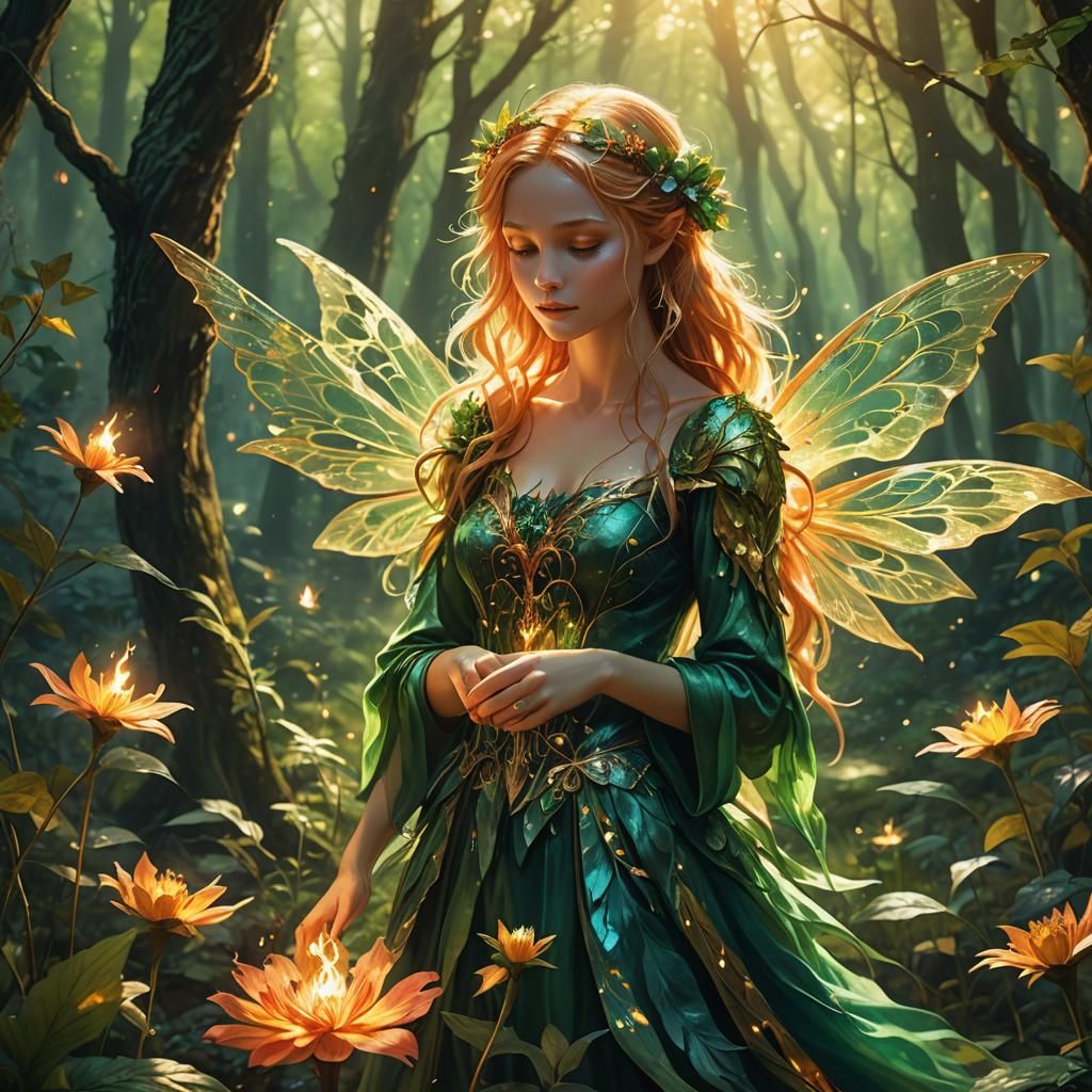 Fire Fairy Restoring Life in Mystical Forest