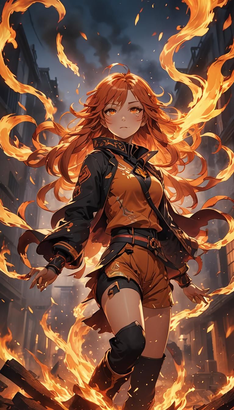 Fiery Anime Girl in Smoldering Embers