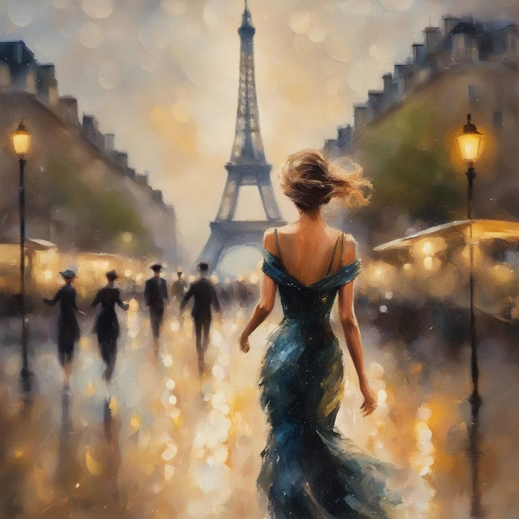 Woman Running in Rainy Paris Street, Impressionist Style