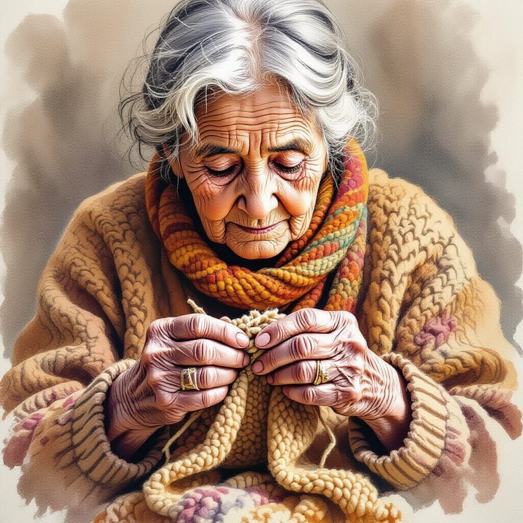 Intimate Ink Drawing: Elderly Hands Knitting
