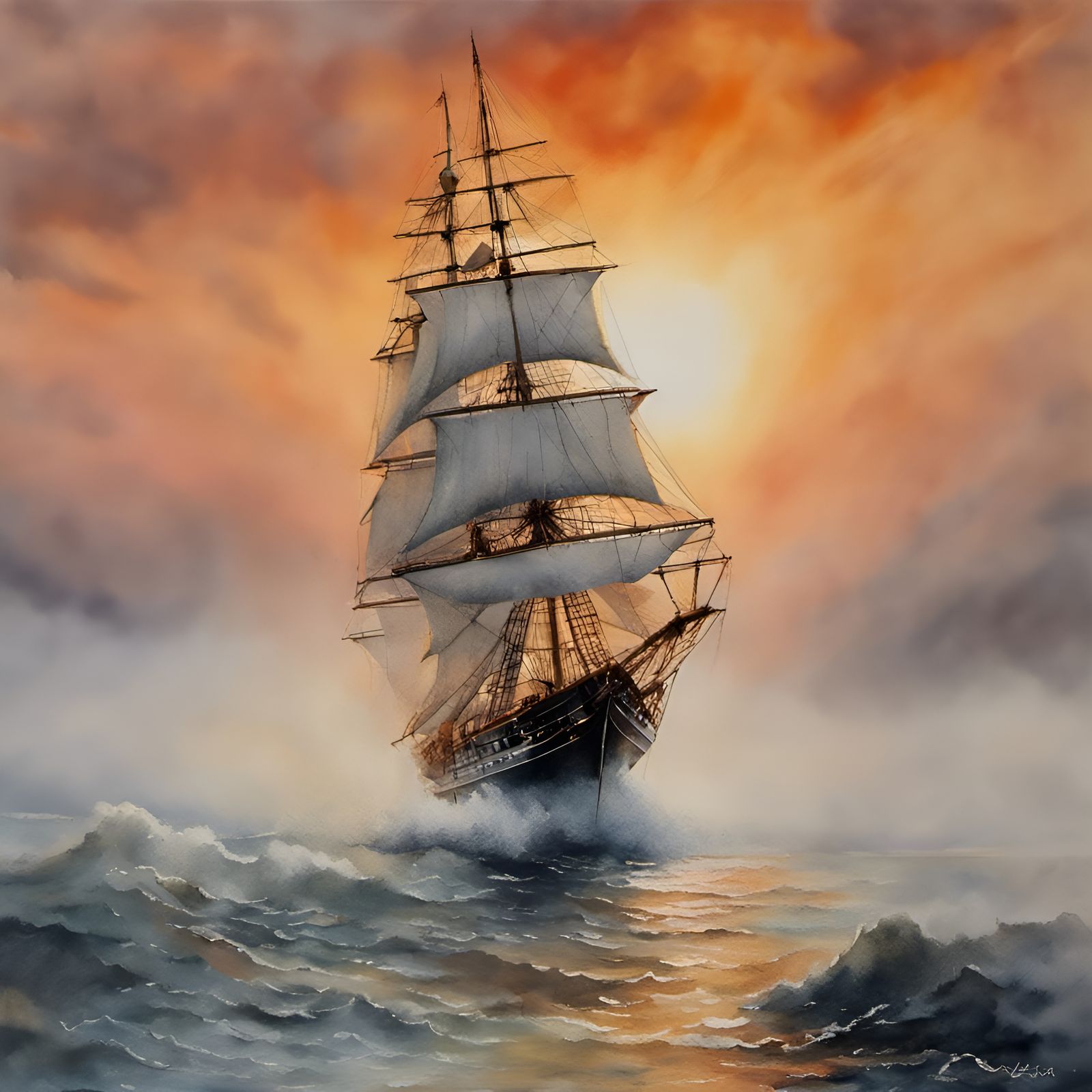 Sailing Ship Emerges at Sunrise: Impressionistic Watercolor