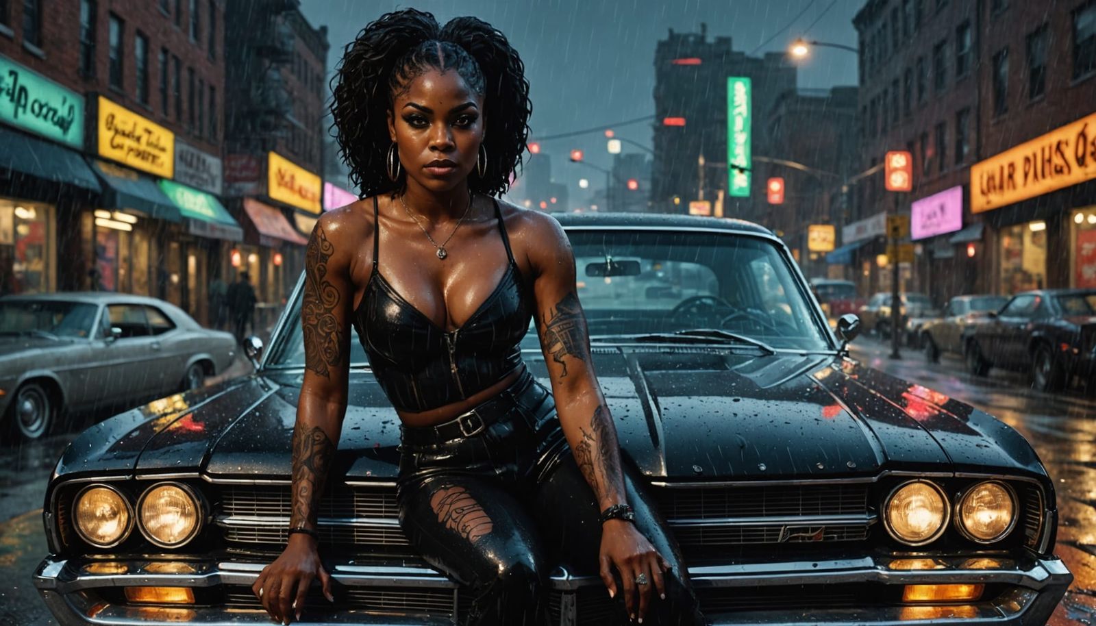 Rain-Soaked Woman in Cityscape: Surreal CGI Art