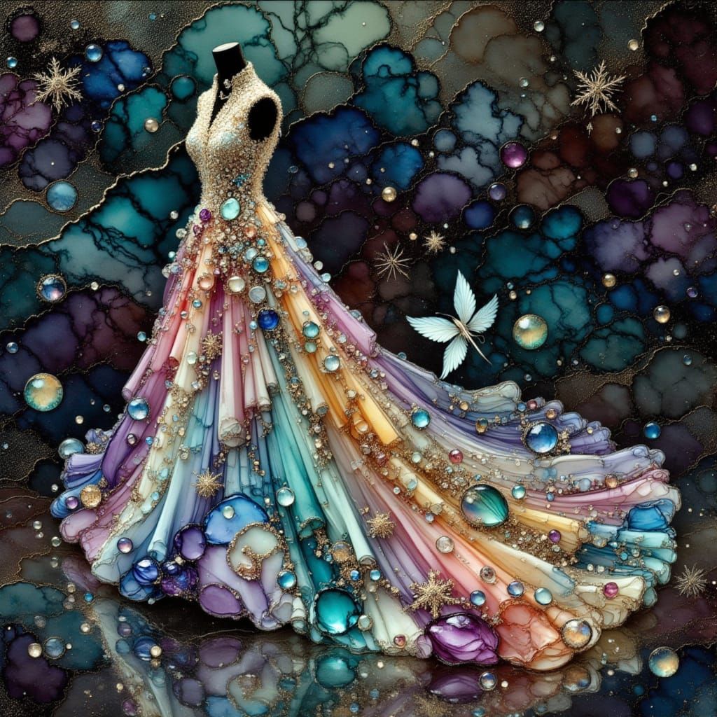 <lora:Alcohol Ink Splash:1.0> A full-length glass dress show...