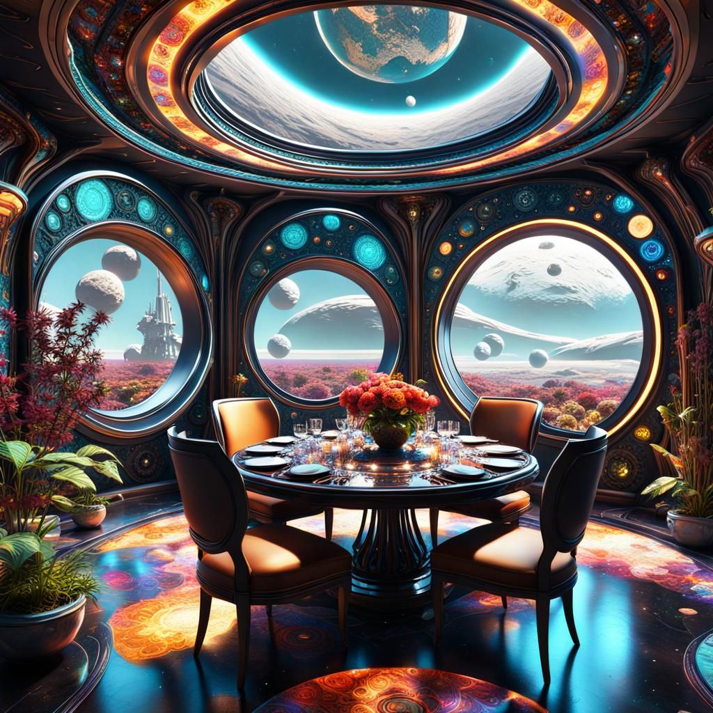 gothic spaceship dinning room on the moon
