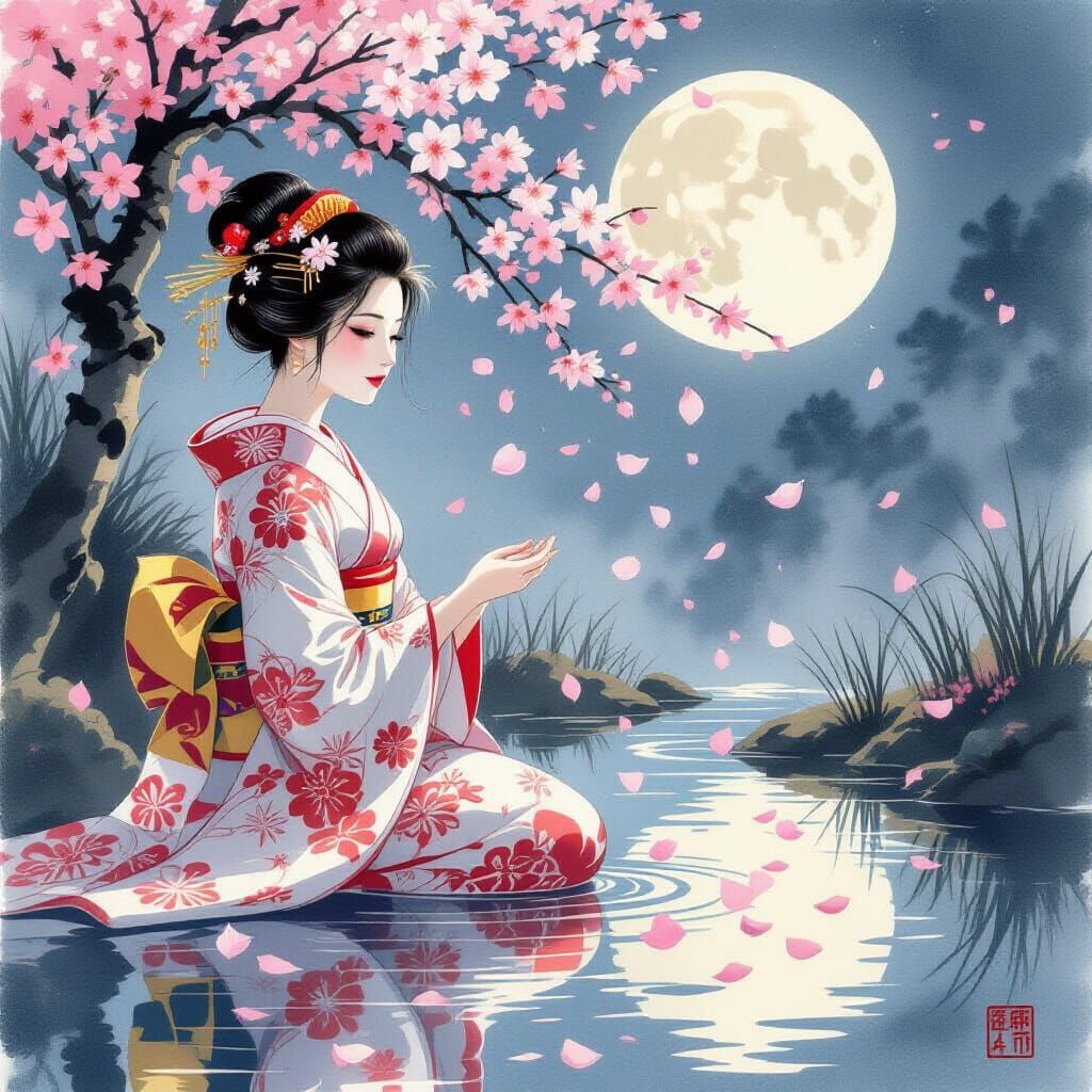 Kimono Woman in Moonlit Cherry Blossom Scene