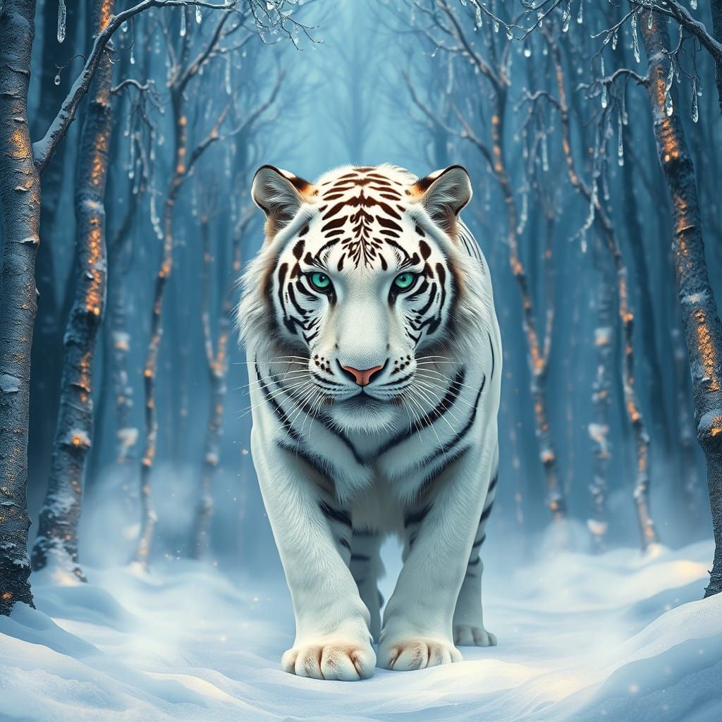 Majestic White Tiger in Snowy Fantasy Landscape