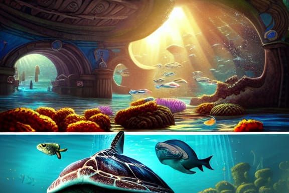 Atlantis Sunken Temple: A Colorful Digital Illustration