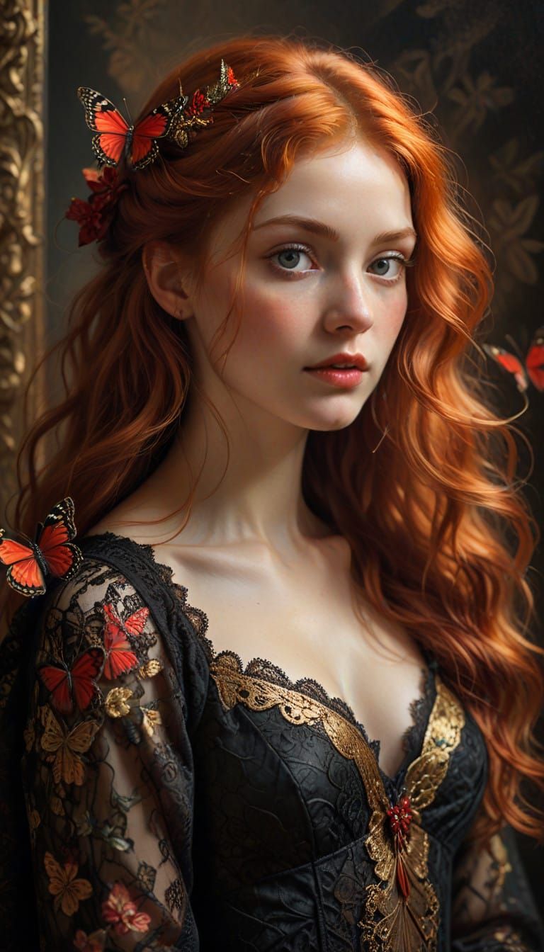 A Red-Haired Beauty with Butterfly Wings and Lace