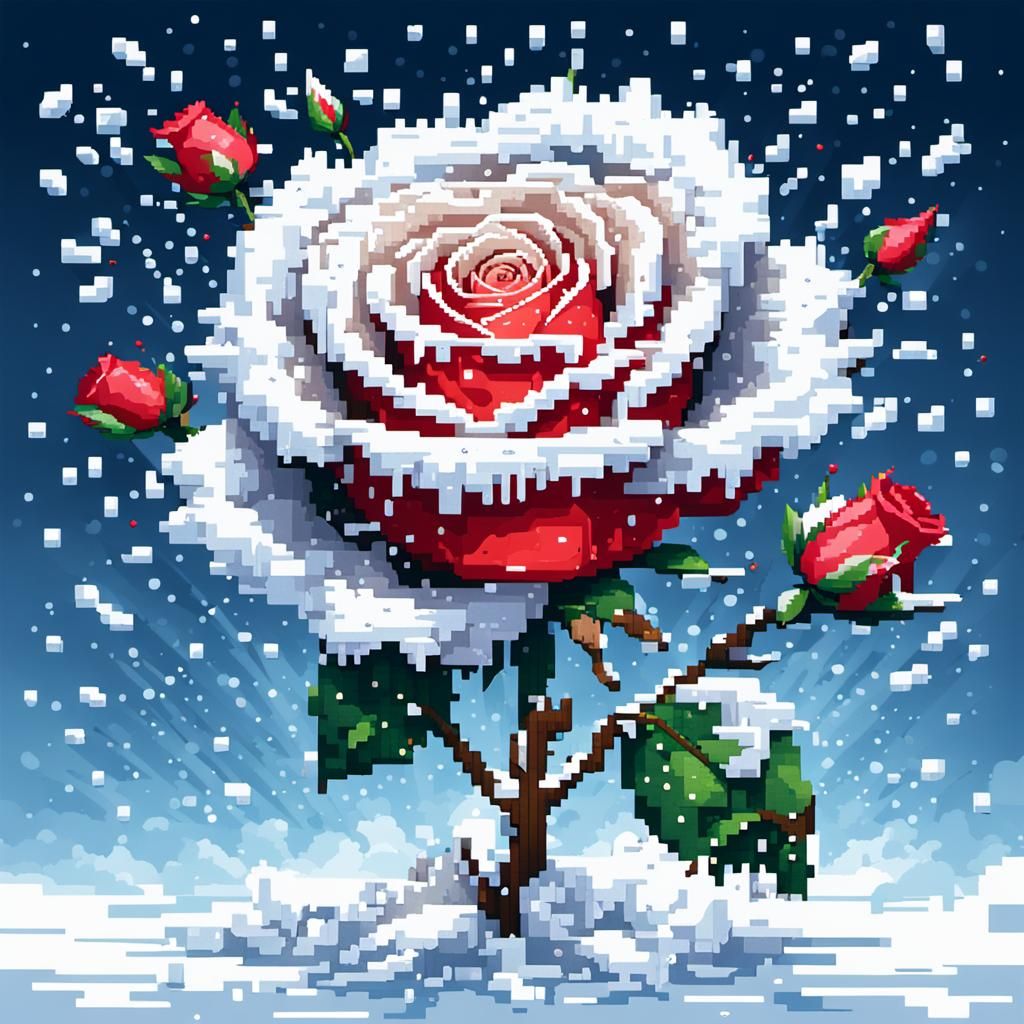Snow Rose Disintegrating into Pixels: Pixel Art