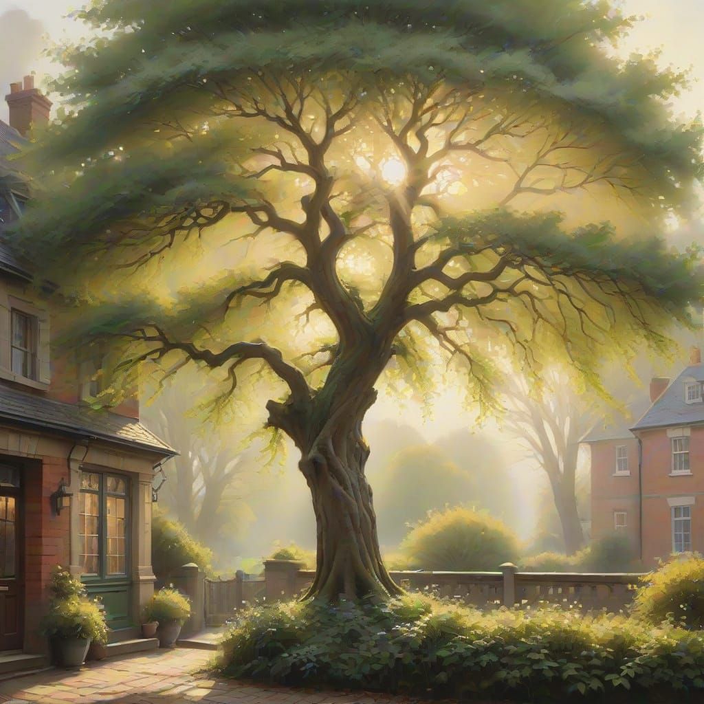 Majestic American Realism Tree Portrait in Warm Golden Light