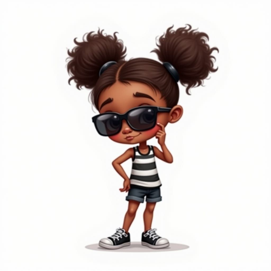 Cute Little Black Girl with Brown Hair in Thoughtful Pose