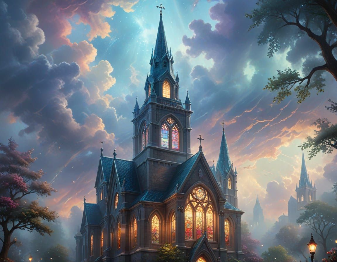 Ornate Church with Stained Glass Windows and Ethereal Mist