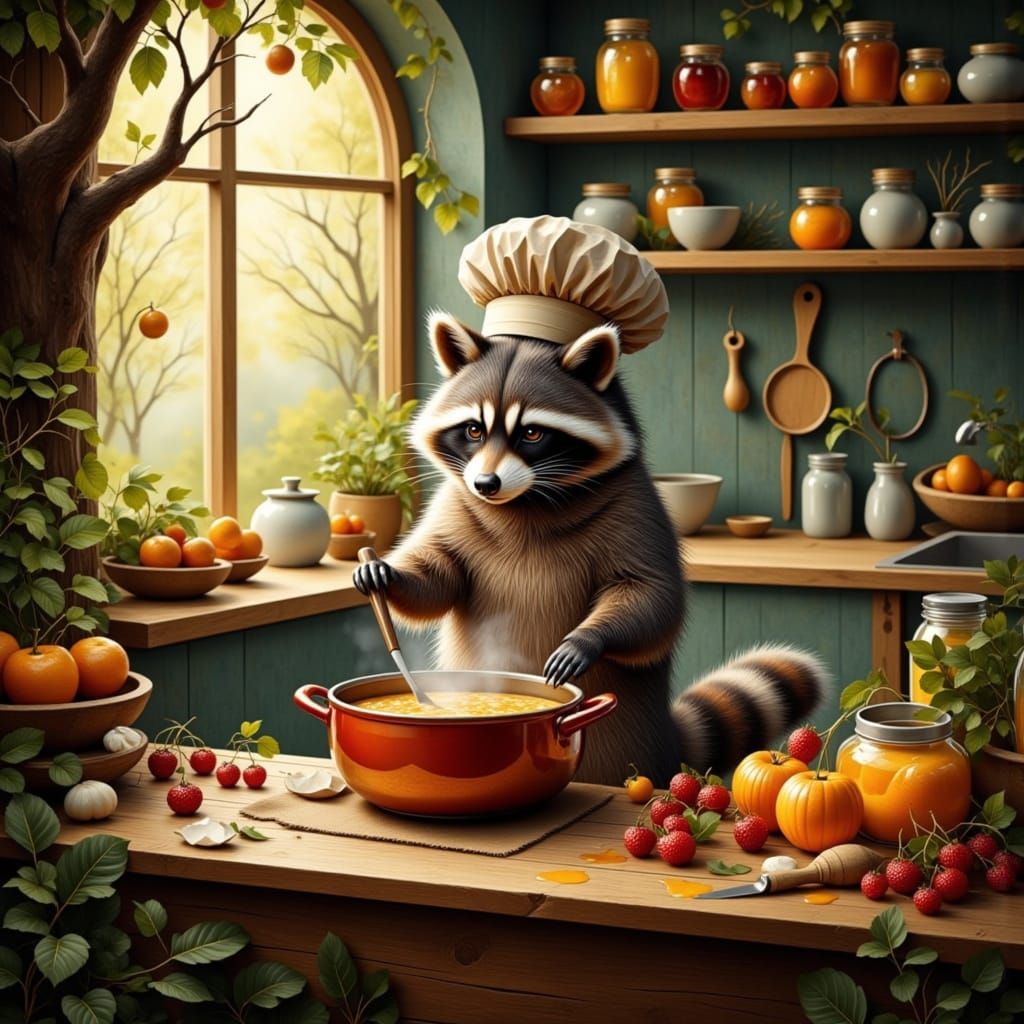 Cute Raccoon Chef in Cozy Forest Kitchen
