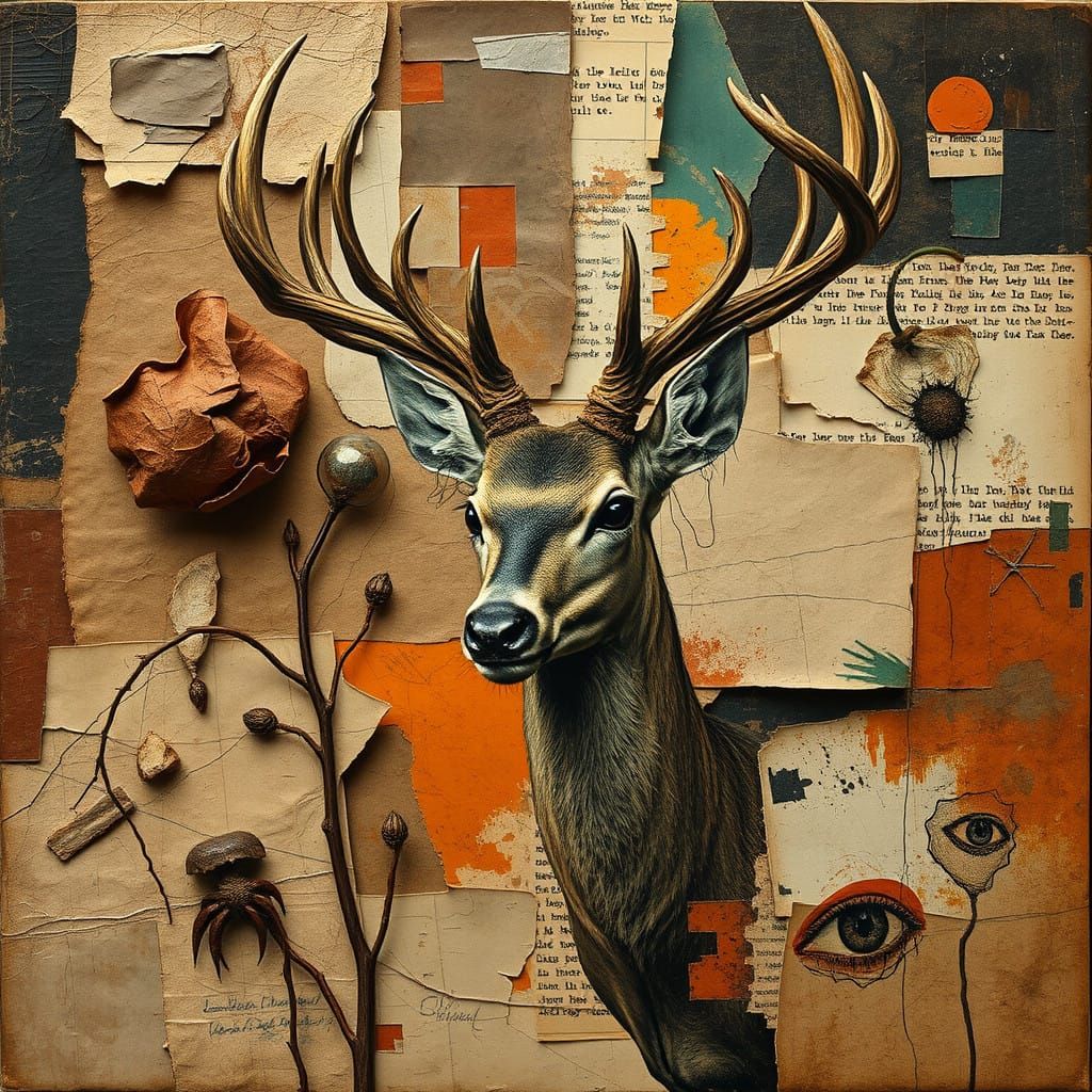Dadaist Earth-Toned Collage with Fragmented Textures and Exp...