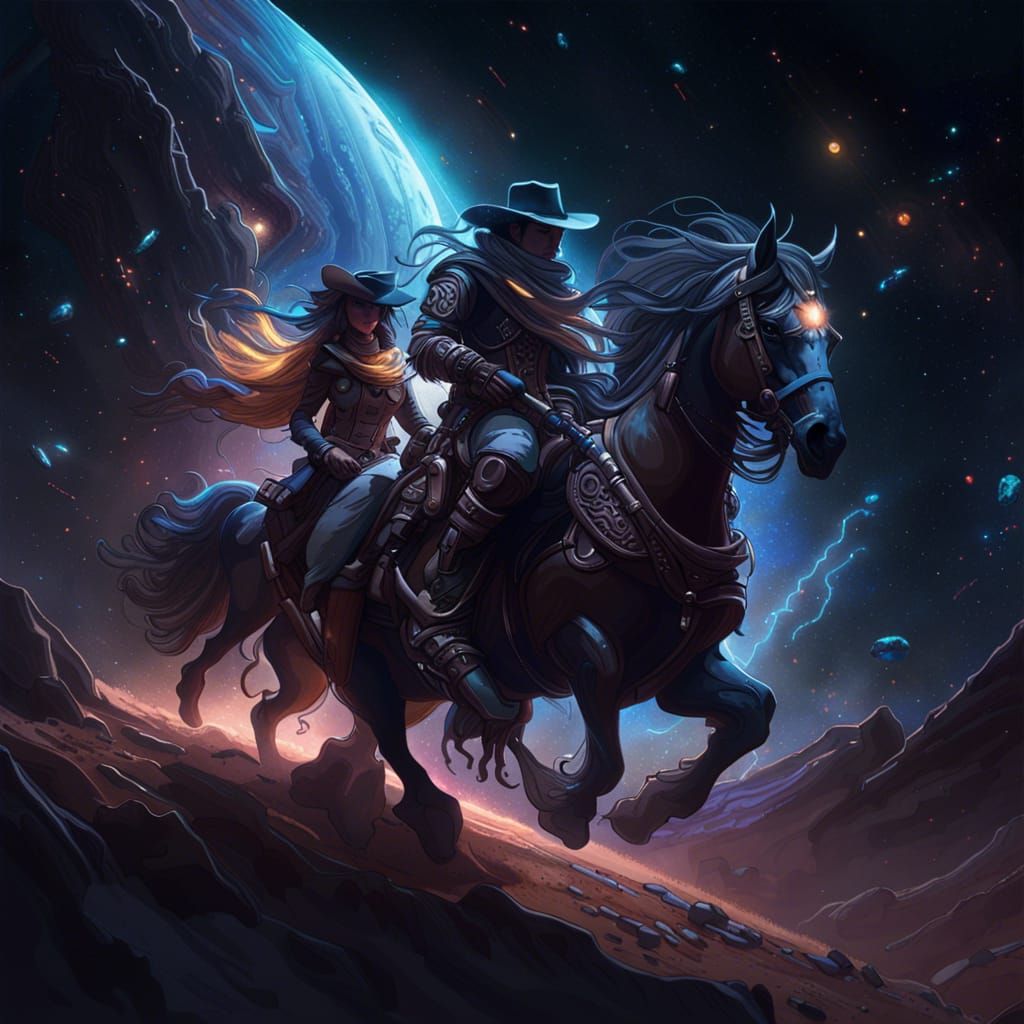 Cowboys on Magic Horses in Space Desert