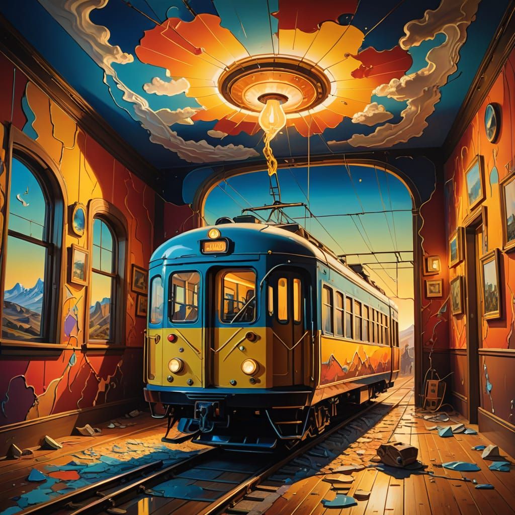 Surreal Train Emerging From Wall in Dali Style