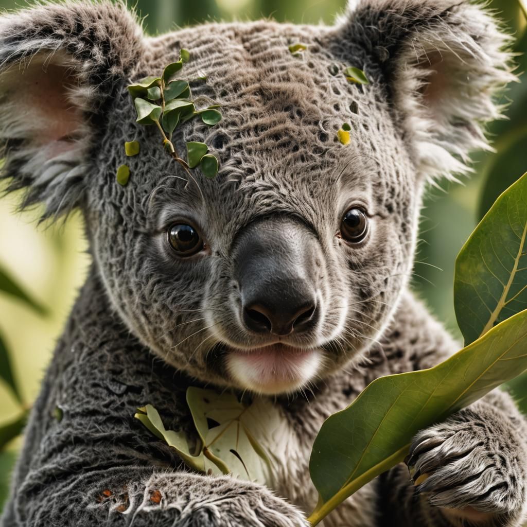 Extreme close up of baby koala eating a leaf.