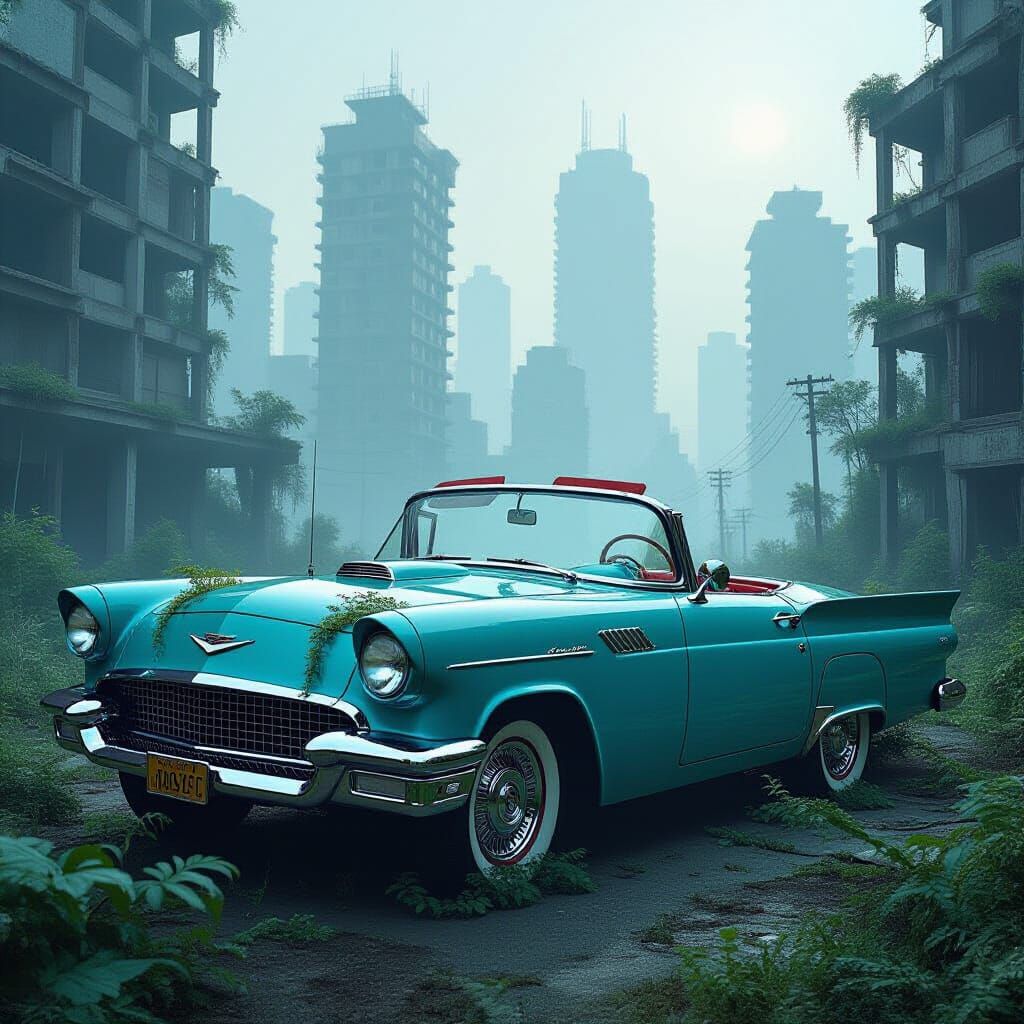 Alien Flora Overgrows 1950s Car in Urban Ruins