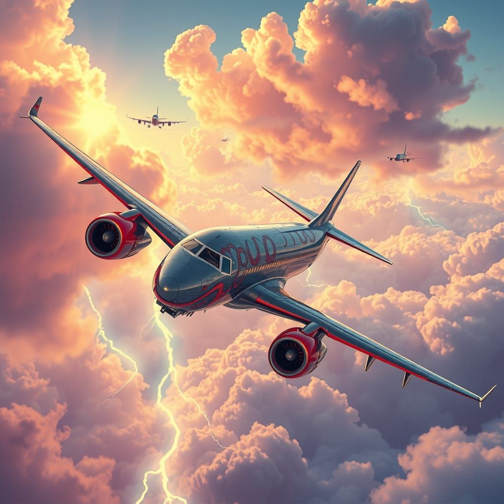 Surreal Biomechanical Airplane Soaring Through Dreamscape Sk...