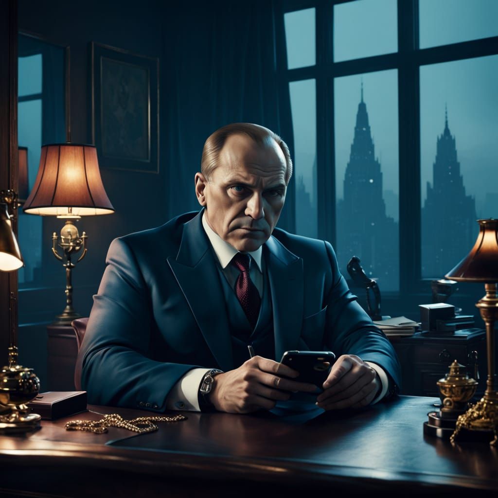 Russian Mafia Boss in Penthouse Office: Cinematic Still